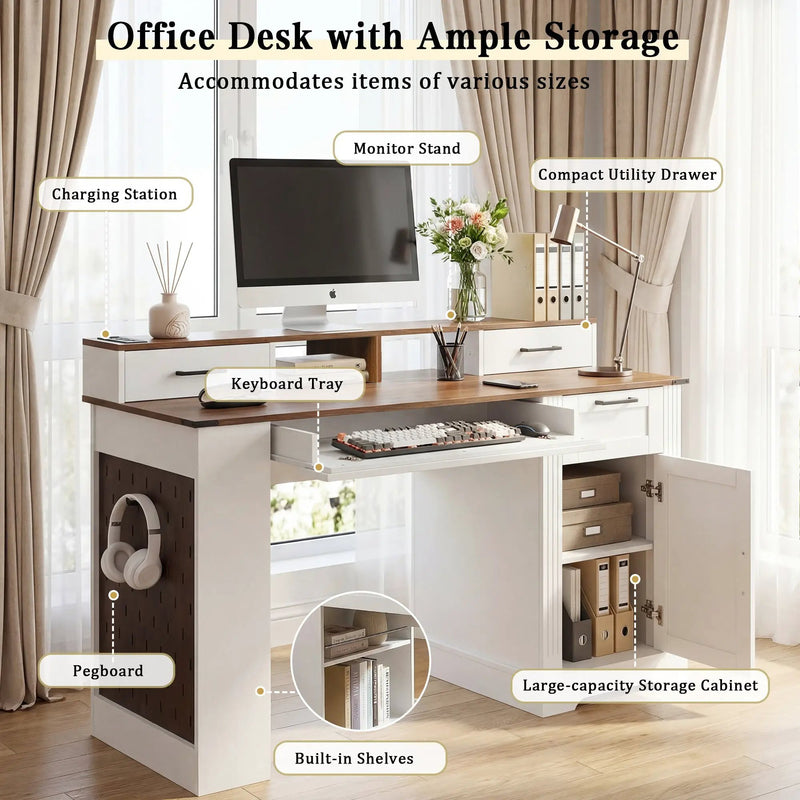 55" Farmhouse Office Desk with Storage Cabinet & Charging Station by HouseOfZazla