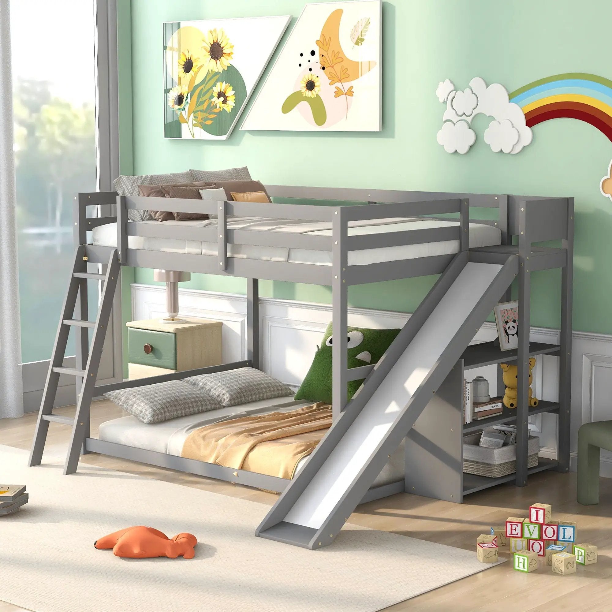 Bunk Bed With Ladder, Slide, And Shelves Pine Wood by Unique Piece Furniture