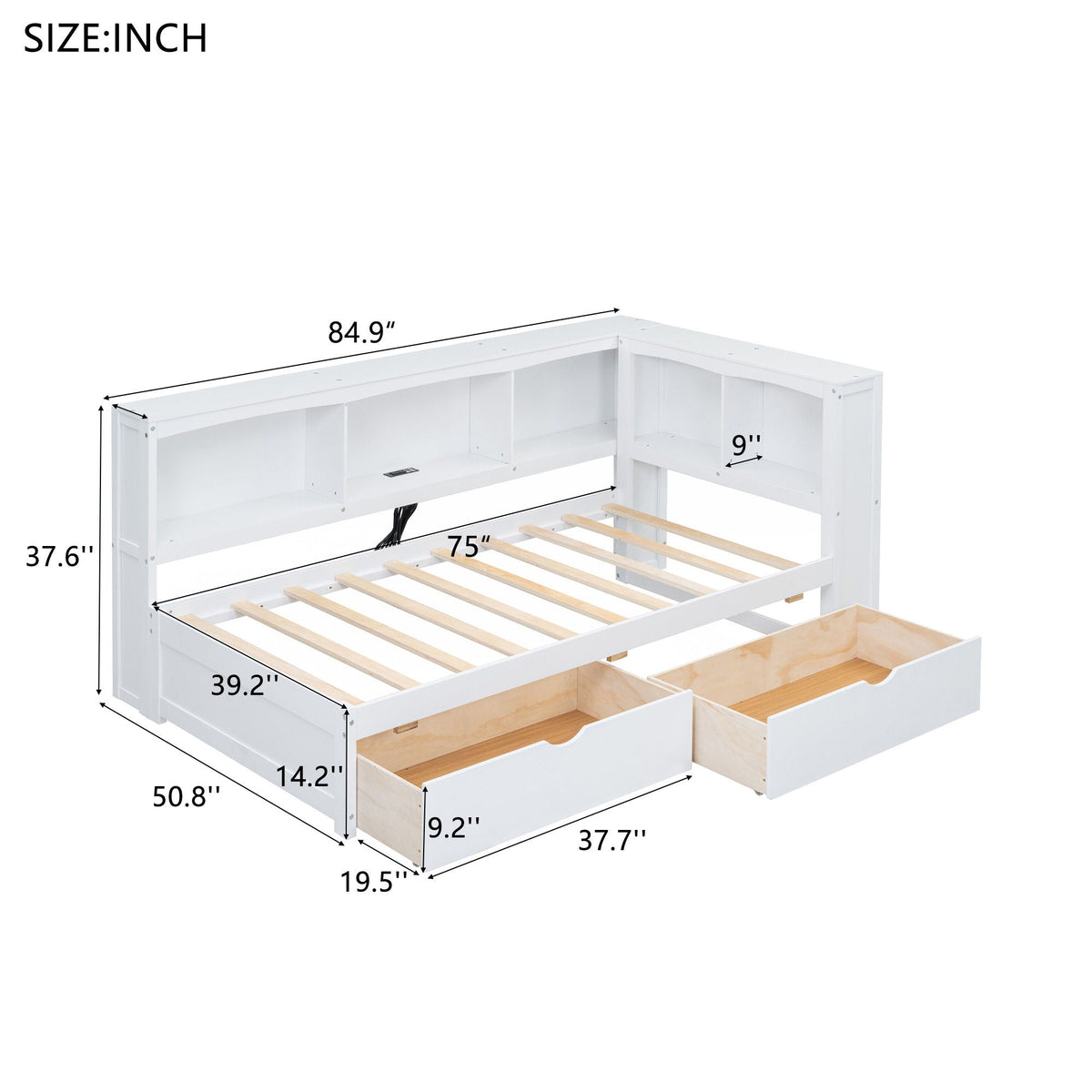 Twin Storage Daybed with Drawers, Cabinets & USB Charging - Light Brown or White, photo 16 of 18