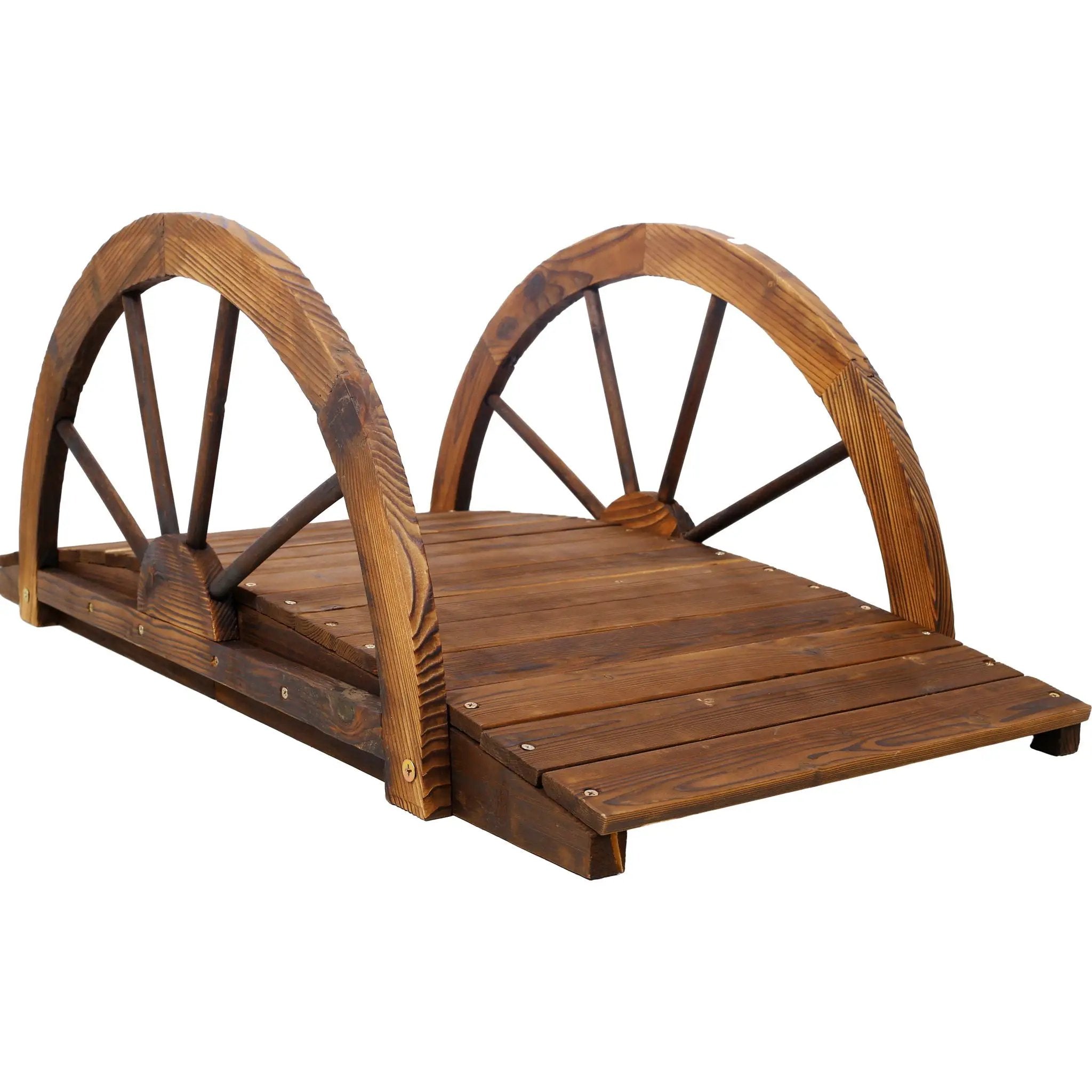 Wooden Garden Bridge Arc Footbridge With Half Wheel Railings Solid Fi - Brown by Unique Piece Furniture