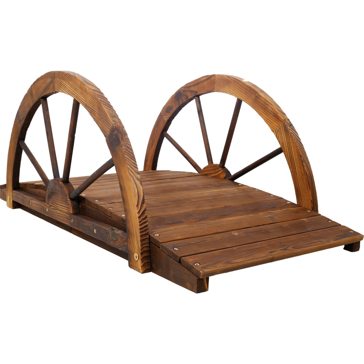 Wooden Garden Bridge Arc Footbridge with Half Wheel Railings - Brown, photo 11 of 11