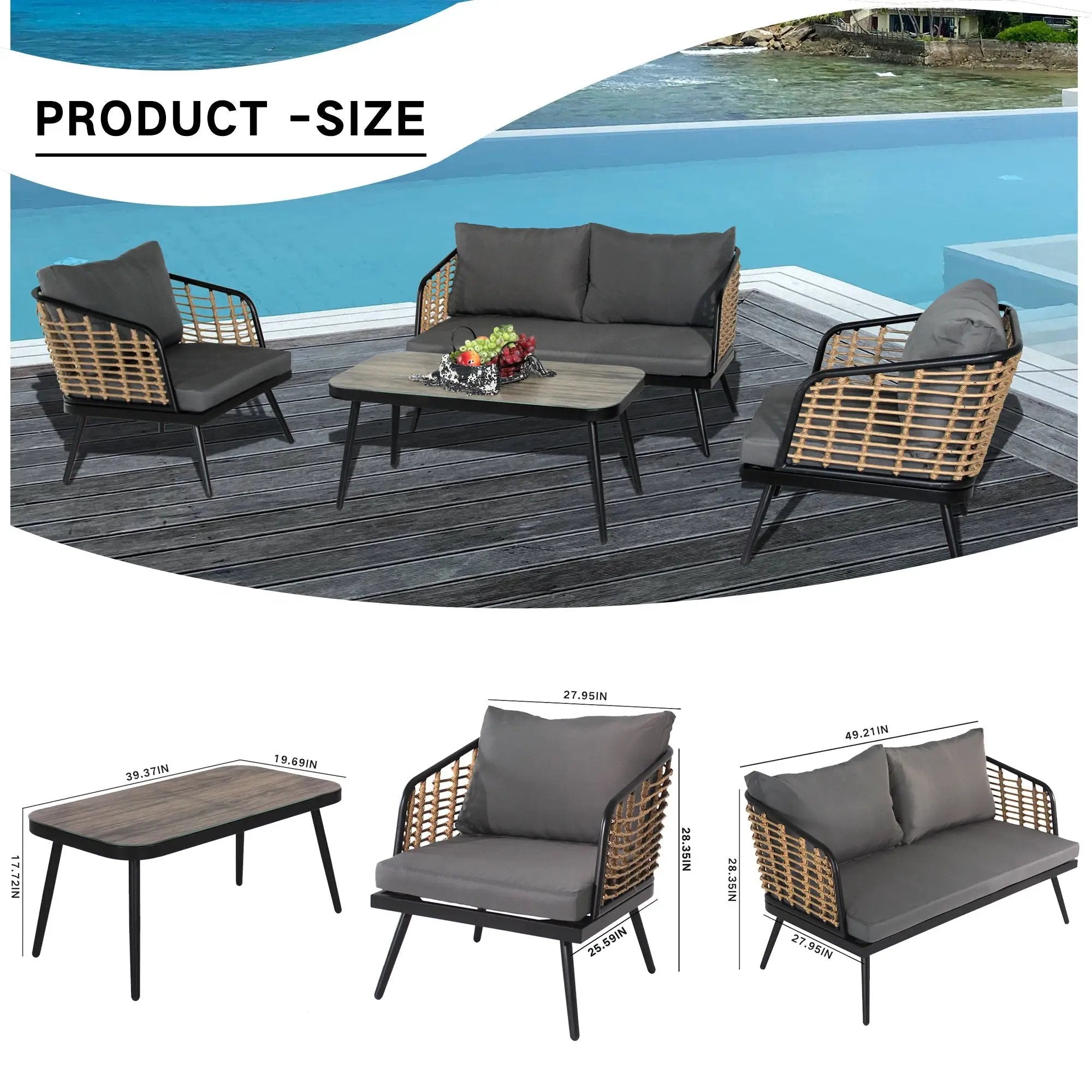 4 Pieces Patio Furniture Set, PE Rattan Wicker With Washable Cushion And Tempered Glass Tabletop, Conversation Furniture For Garden Poolside Balcony by HouseOfZazla