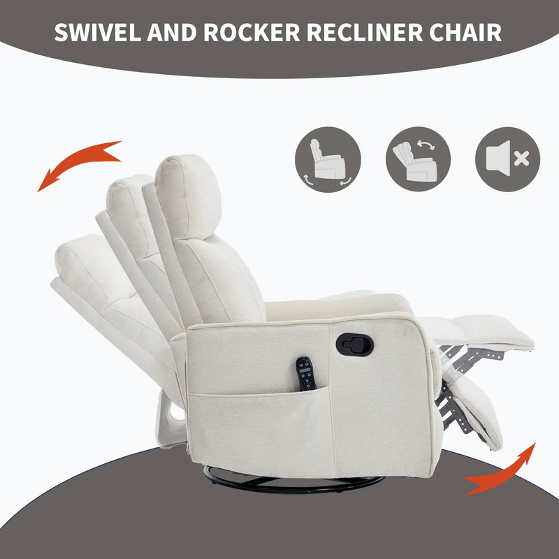 Beige Heat Massage Manual Recliner Chair with Rocker and Swivel by HouseOfZazla