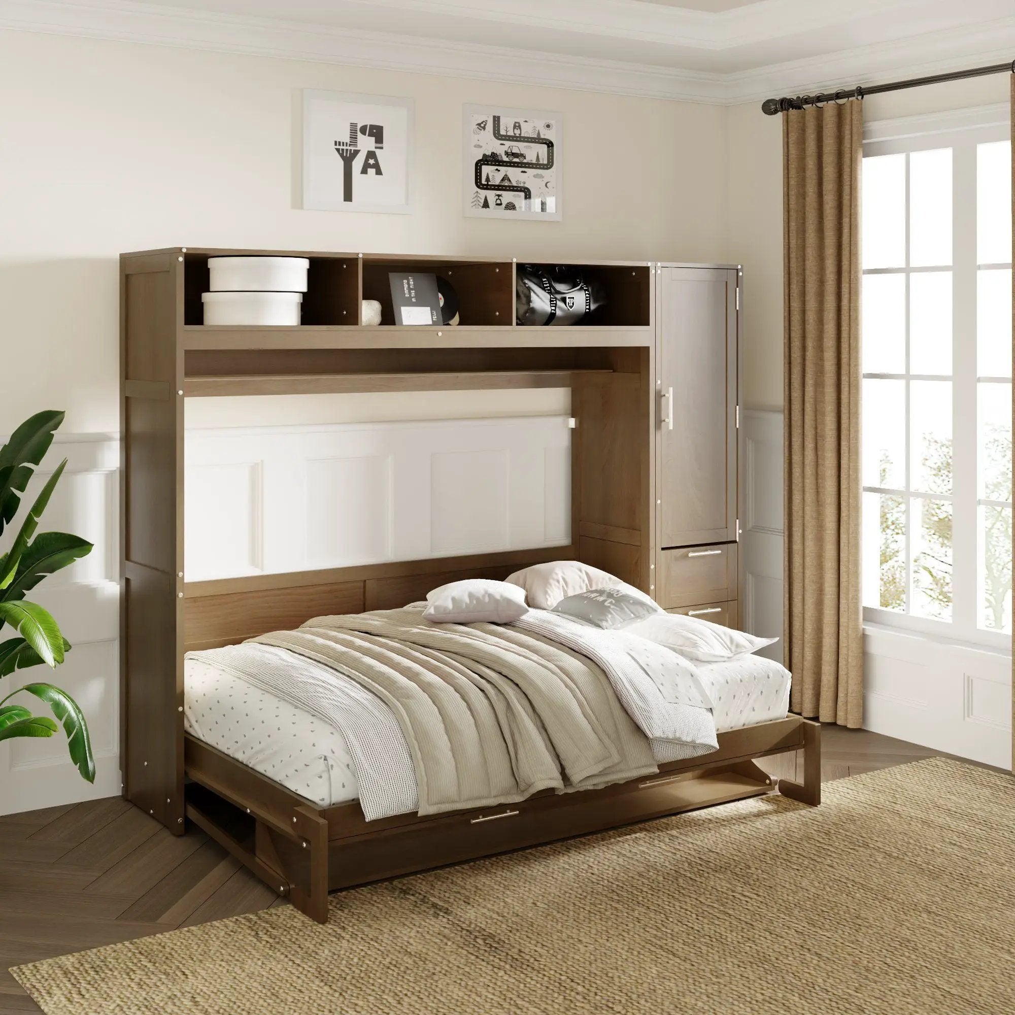 Full Size Murphy Bed With Wardrobe, Drawers, And Open Shelves - Wood by Unique Piece Furniture