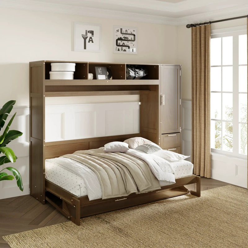 Full Size Murphy Bed With Wardrobe, Drawers, And Open Shelves - Wood by HouseOfZazla