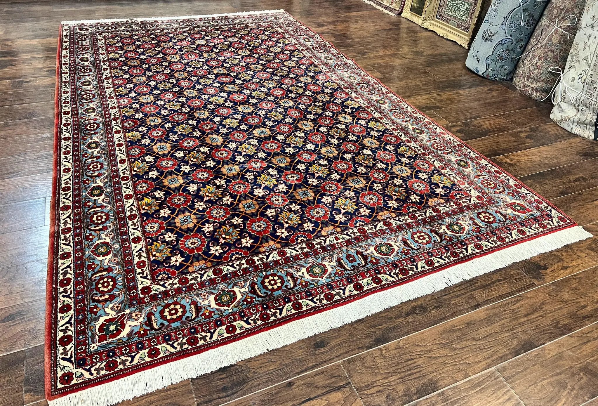 Persian Veramin Rug 7x11, Repeated Allover Pattern, Handmade Vintage Carpet, Navy Blue by Jewel Rugs