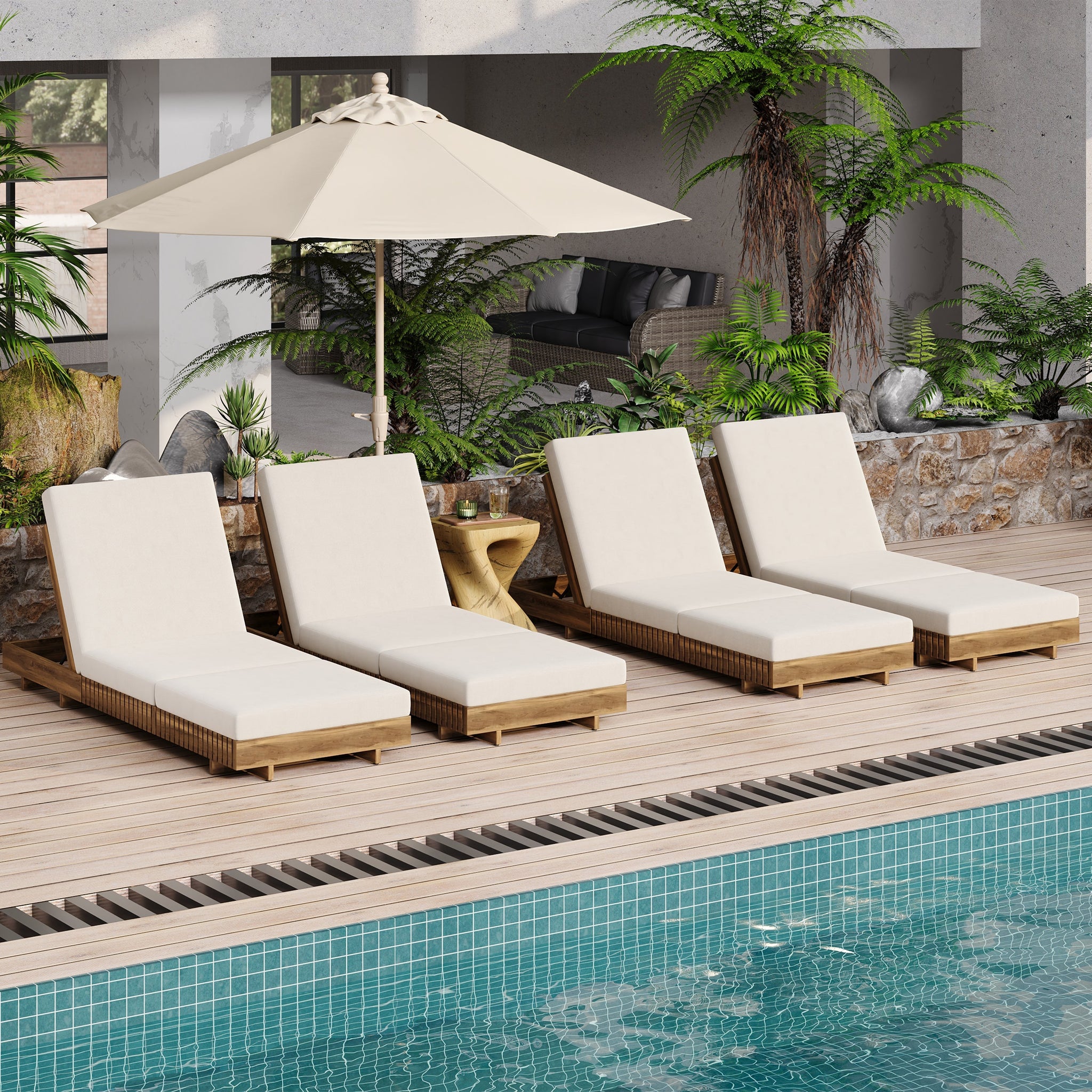Lounge Chaise Set, Acacia Solid Wood with Cream Lounge Cushion by HouseOfZazla