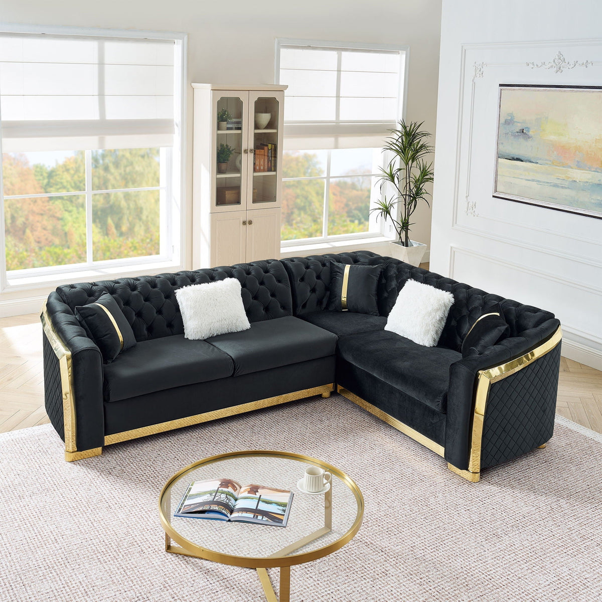 L Shaped Chesterfield Sectional Sofa with Stainless Steel Accents - Pink, Black, Beige, photo 7 of 10