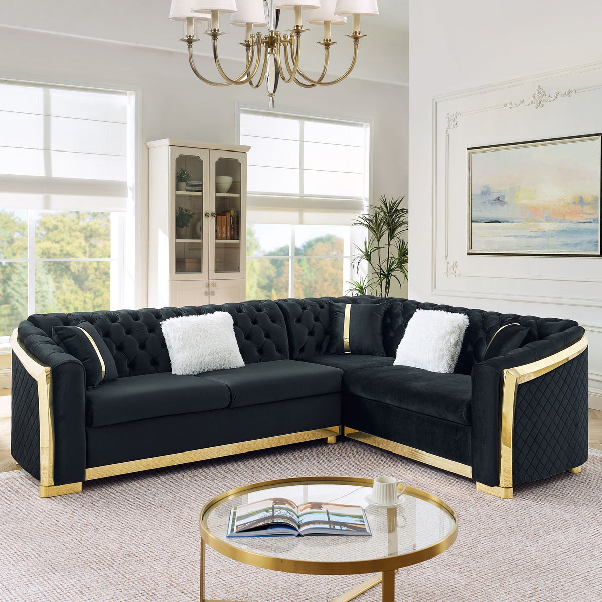 L Shaped Chesterfield Sectional Sofa with Stainless Steel Accents - Pink, Black, Beige, photo 8 of 10