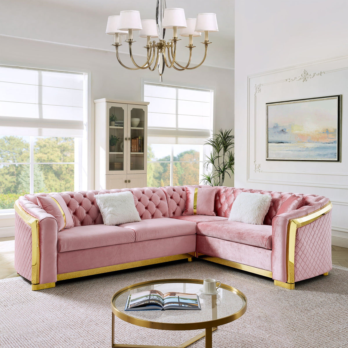 L Shaped Chesterfield Sectional Sofa with Stainless Steel Accents - Pink, Black, Beige, photo 9 of 10