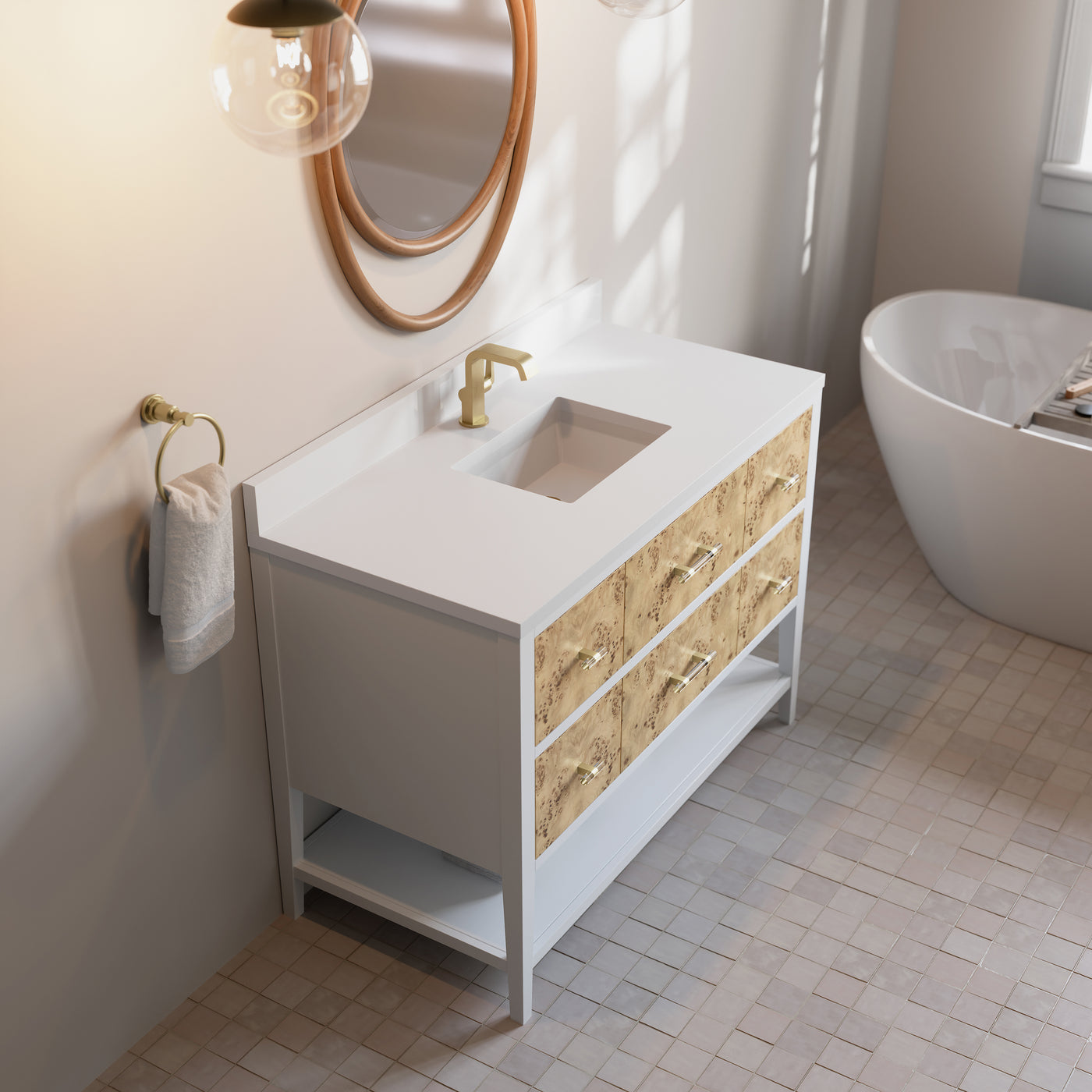 James Martin Olena 48" Single Bathroom Vanity, Polished White and Light Mappa Burl, view 25