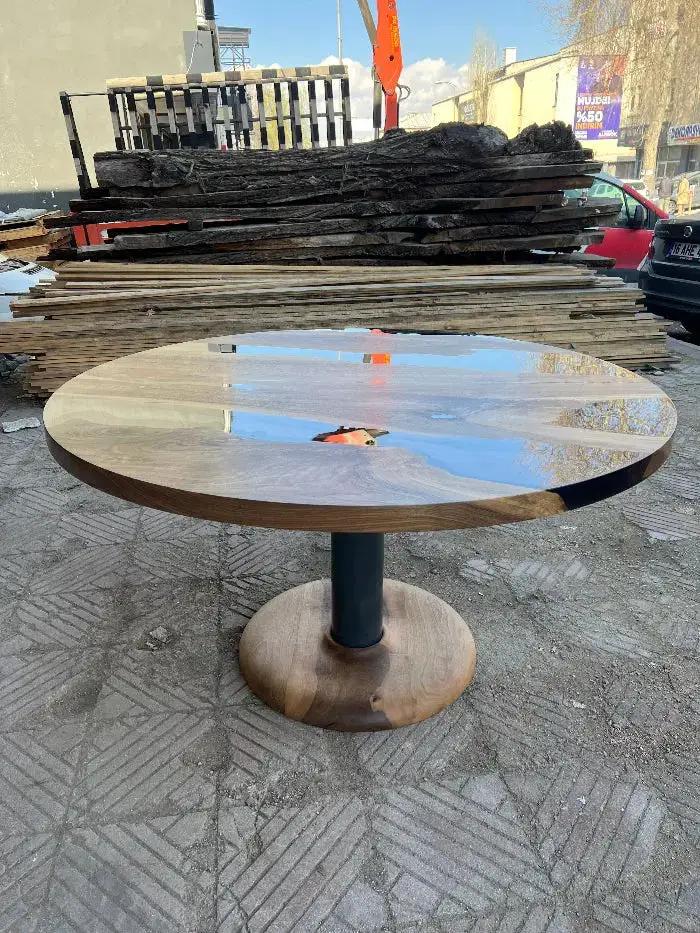 Custom Round Epoxy Resin Walnut Dining - Kitchen Table With Wood Base by Gizz