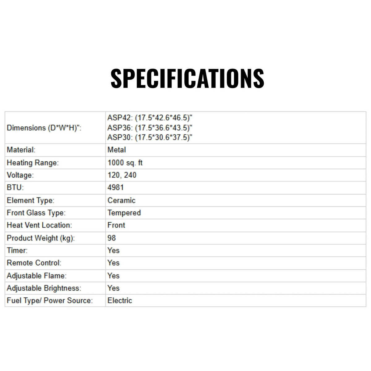 Dimplex Ignite Aspire Built-In Electric Fireplace [ASP30/36/42] (SAK59816), dimensions drawing 2