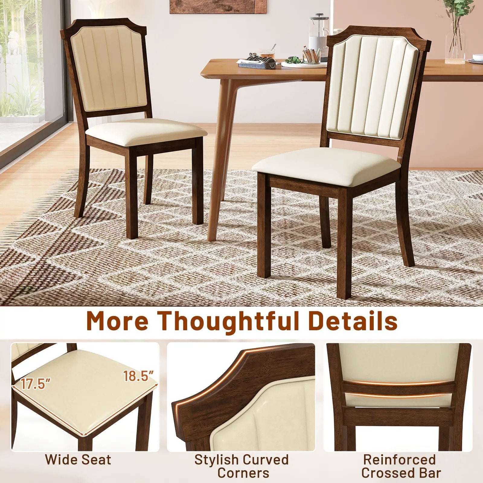 Dining Chair Set of 2 with PU Leather and Rubber Wood Frame-Brown by DirectDeals