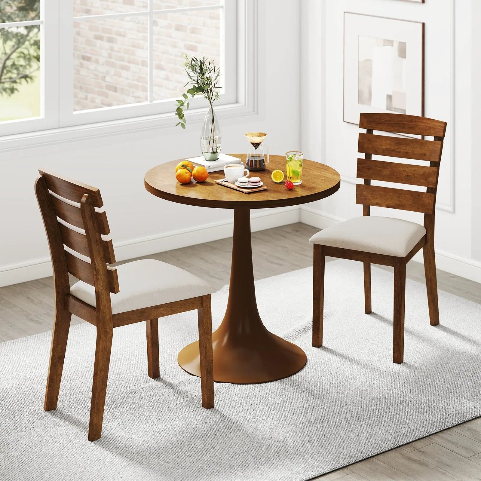 Dining Chair Set of 2 with Slatted High Backrest and Rubber Wood Legs-Brown by DirectDeals
