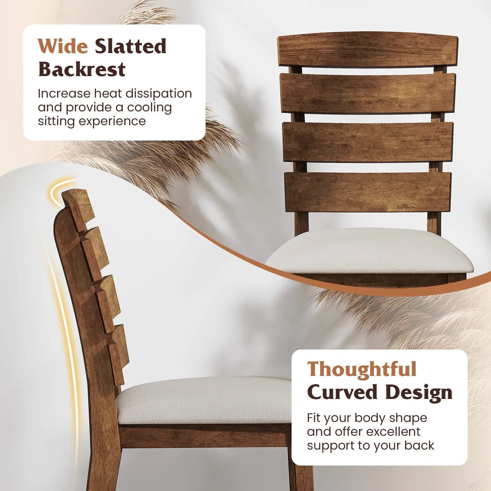 Dining Chair Set of 2 with Slatted High Backrest and Rubber Wood Legs-Brown by DirectDeals