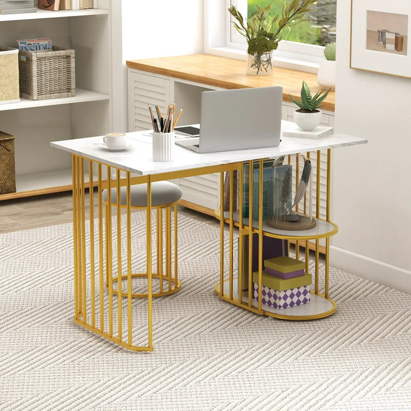 Rectangular Dining Table for 2 with 2-tier Storage Shelf for Small Space Dining Room-White by DirectDeals