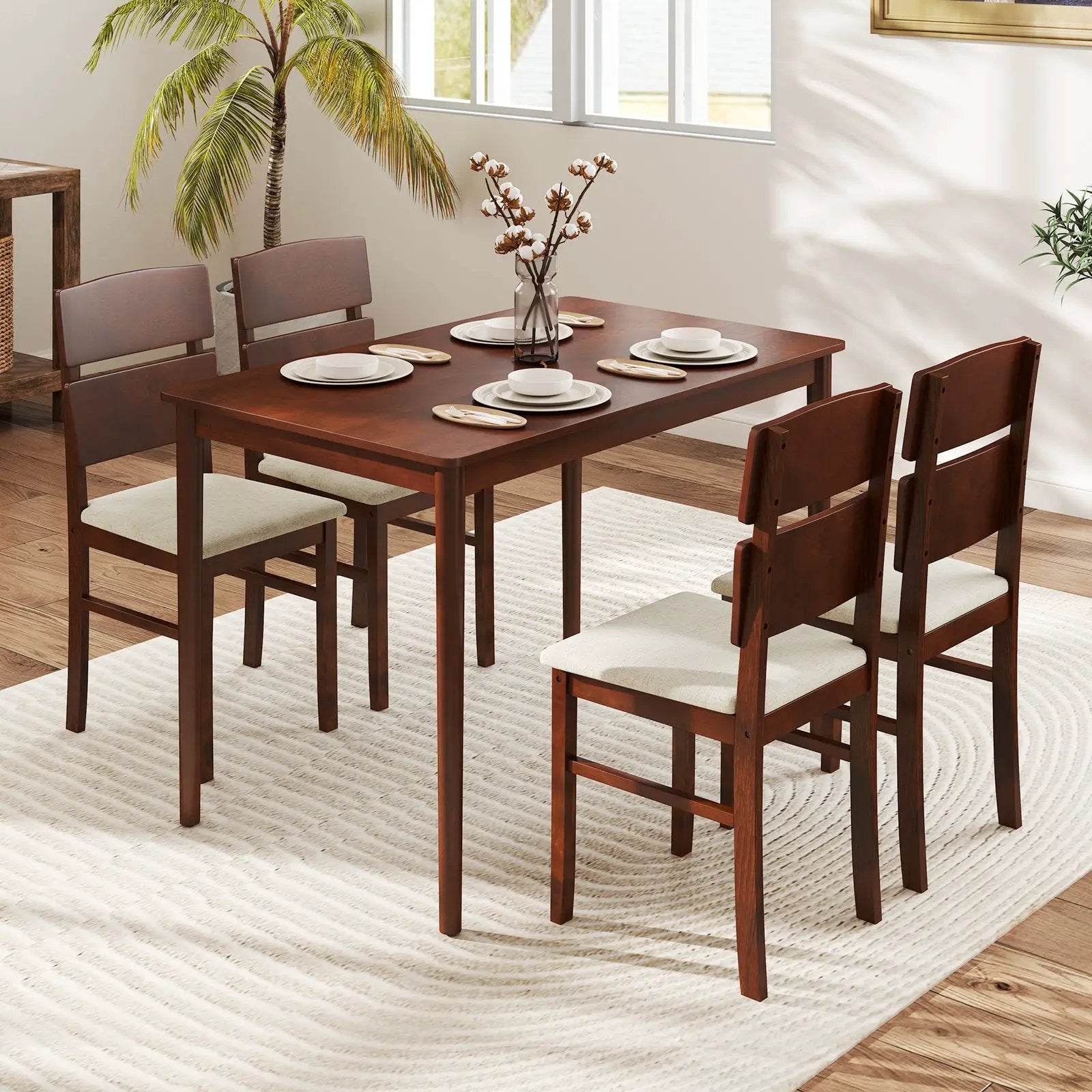 5-Piece Dining Table Set with High Curved Back for 4 People-Walnut by DirectDeals