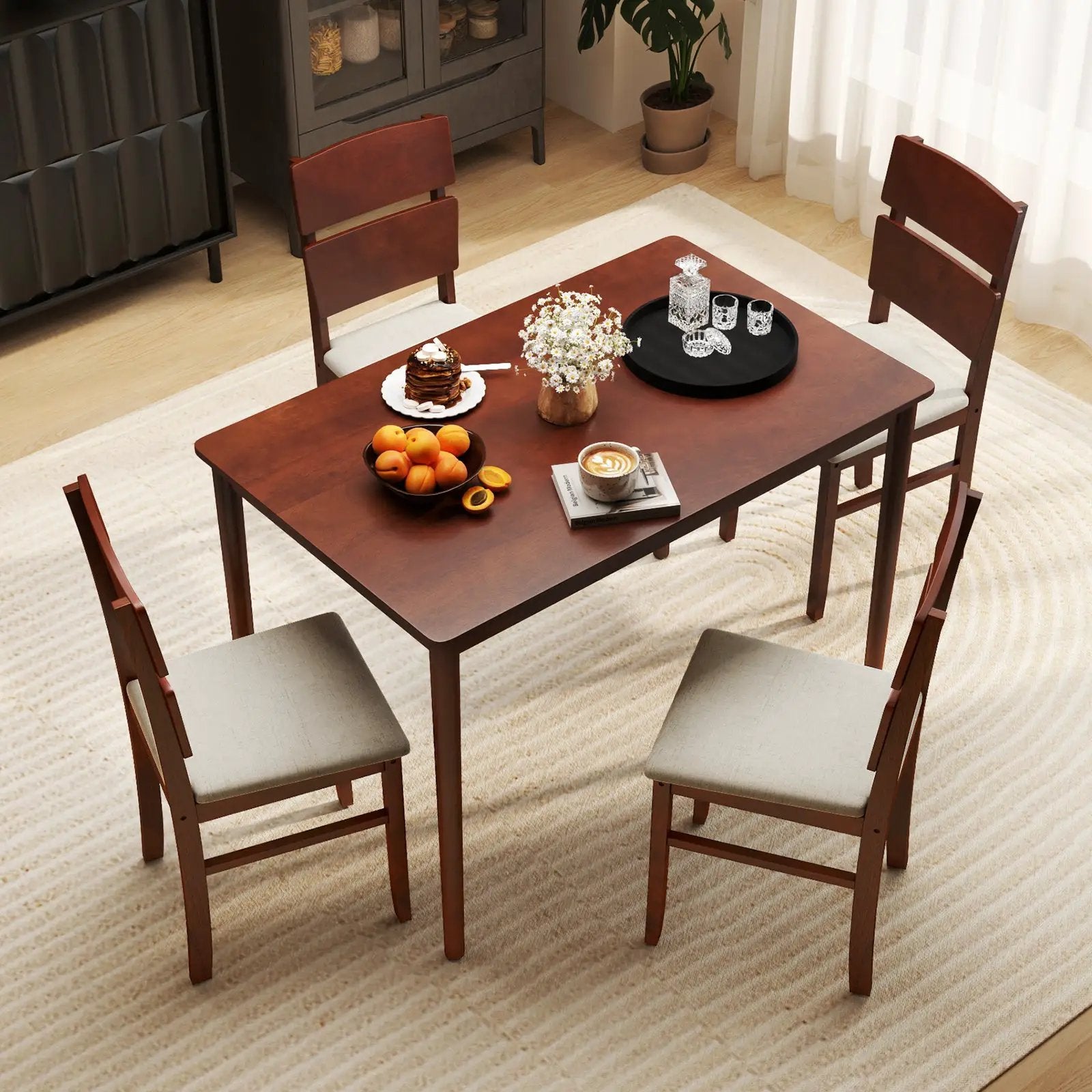 5-Piece Dining Table Set with High Curved Back for 4 People-Walnut by DirectDeals