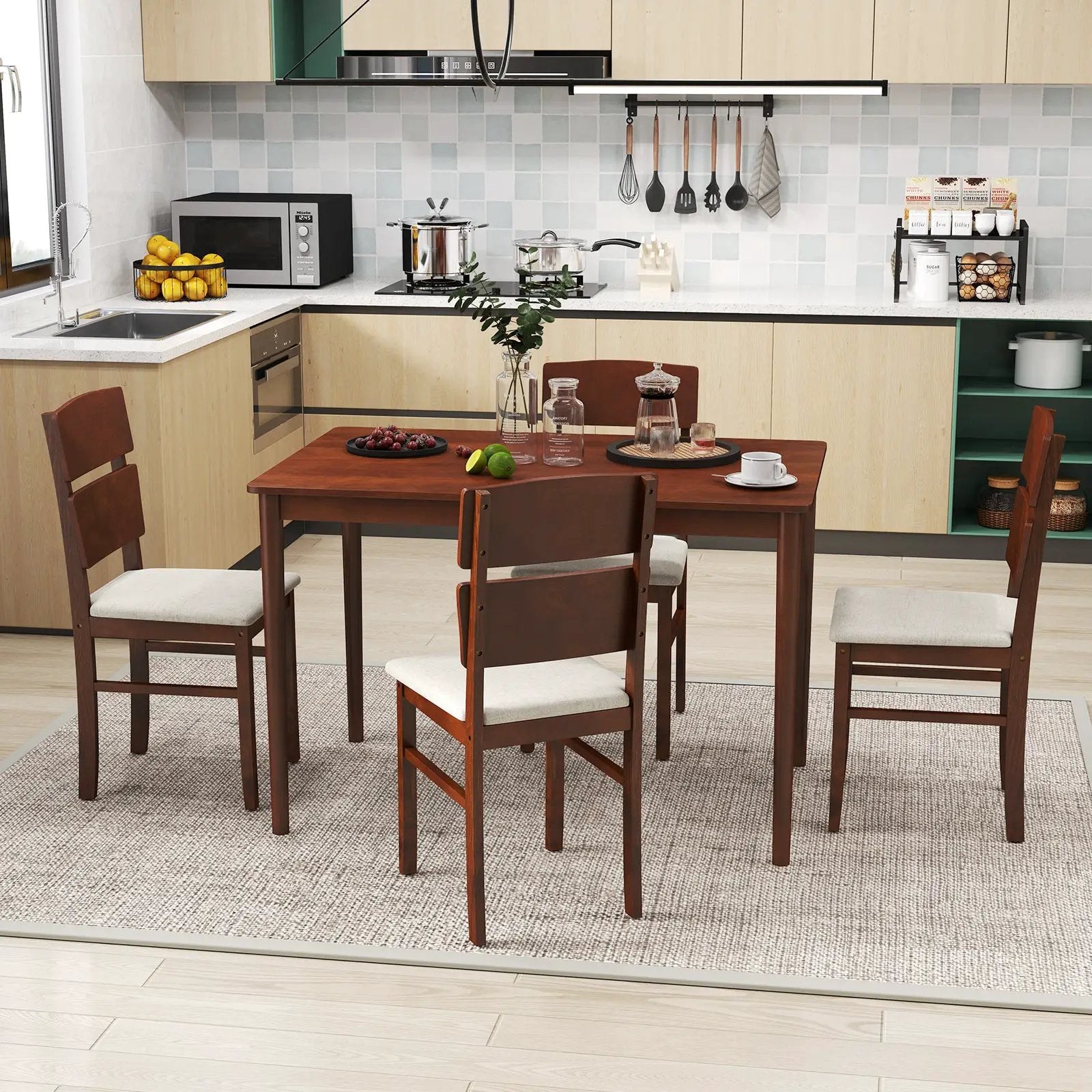 5-Piece Dining Table Set with High Curved Back for 4 People-Walnut by DirectDeals