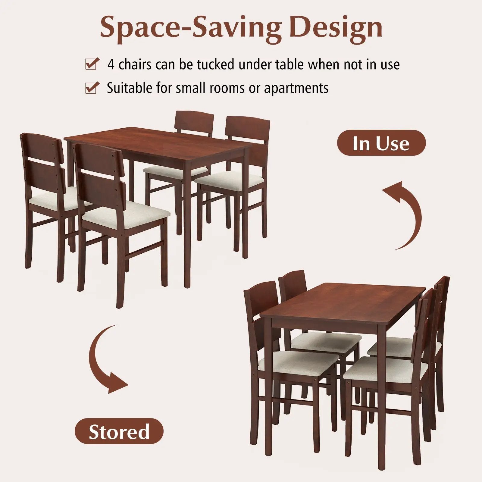5-Piece Dining Table Set with High Curved Back for 4 People-Walnut by DirectDeals