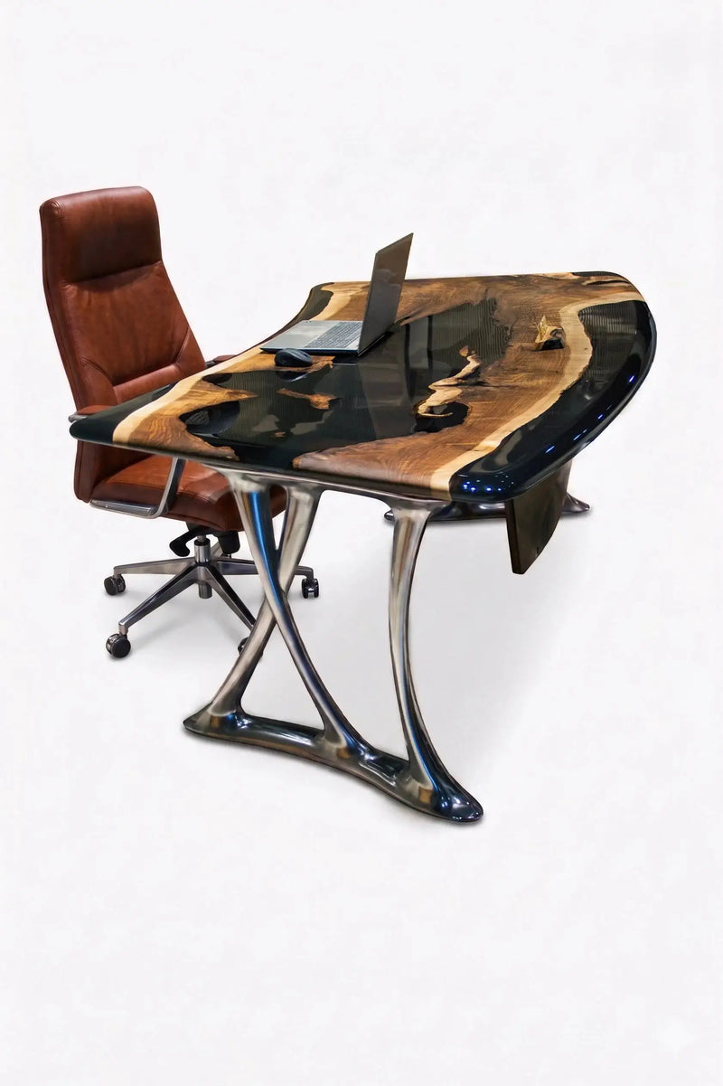 Luxury D-Shaped Walnut & Epoxy Executive Desk by Gizz