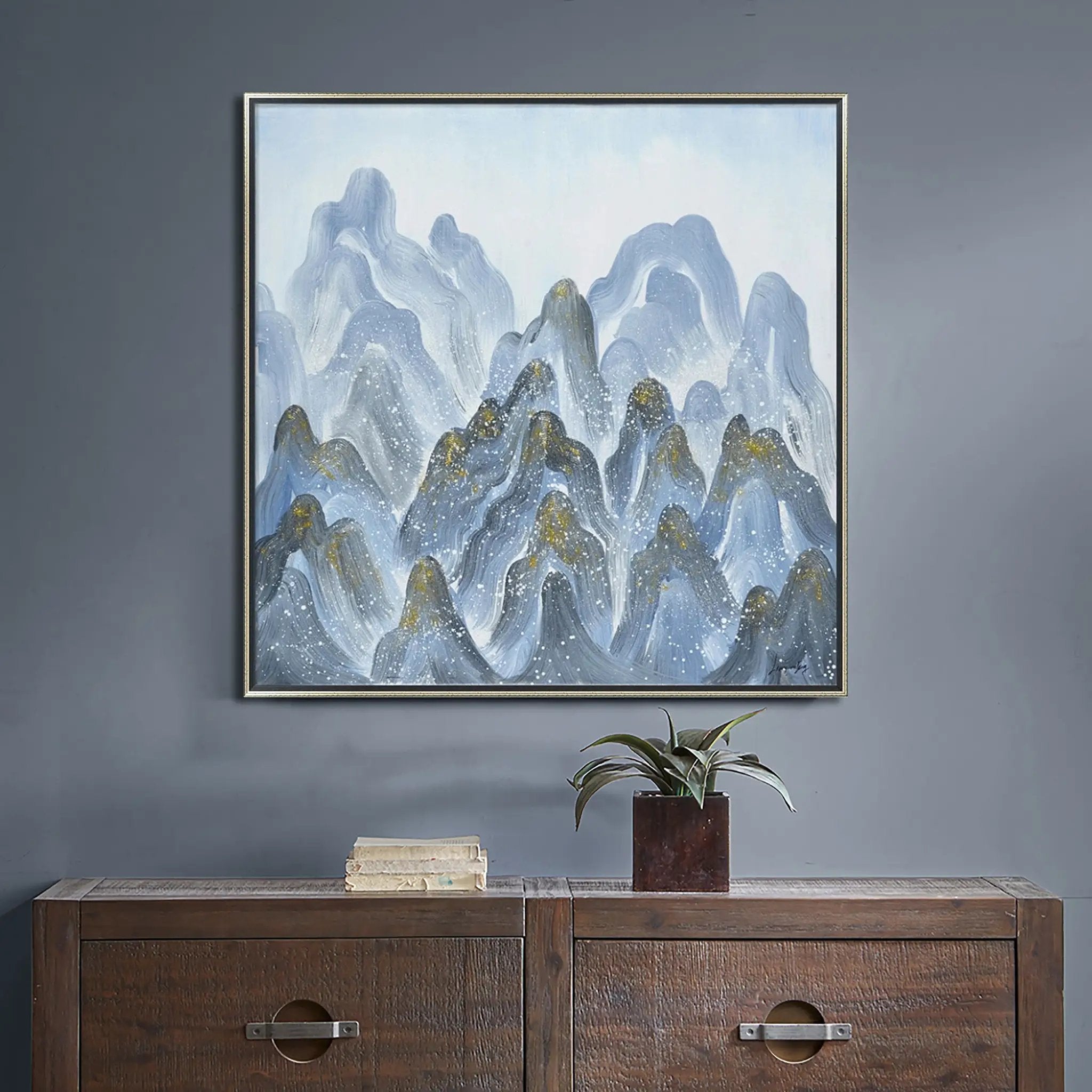 Hand Painted Acrylic Wall Art Blue Mountains on a 39 x 39 Square Canvas with a Silver Wooden Frame by Sharicks