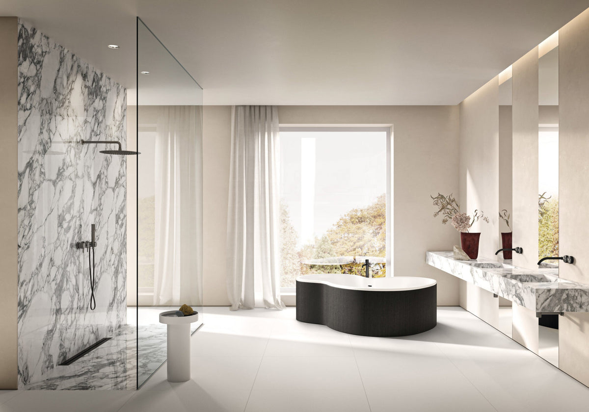 Dolcissima Arabescato Grey Natural Marble Look Porcelain Slab 60x126 12mm installed in a bathroom, view 3