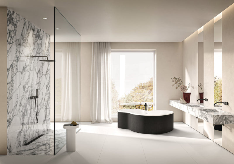Dolcissima Arabescato Grey Natural Marble Look Porcelain Slab 60x126 12mm installed in a bathroom, view 3