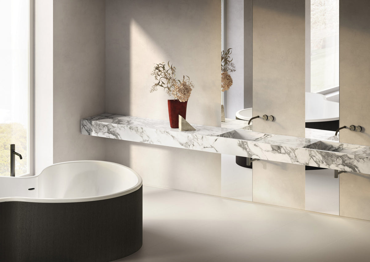 Dolcissima Arabescato Grey Polished Marble Look Porcelain Slab 60x126 12mm installed in a bathroom, view 2