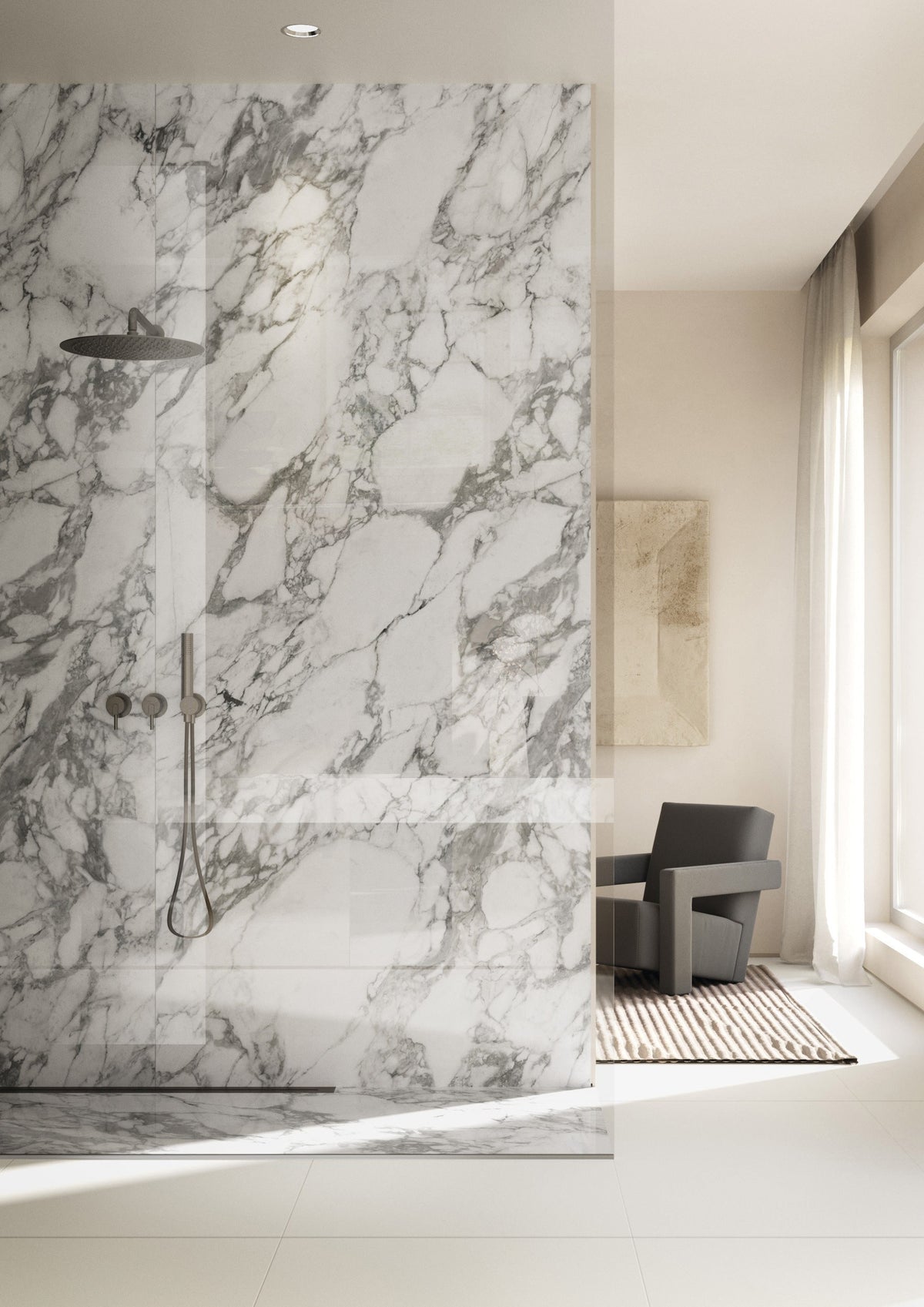 Dolcissima Arabescato Grey Polished Marble Look Porcelain Slab 60x126 12mm installed in a bathroom