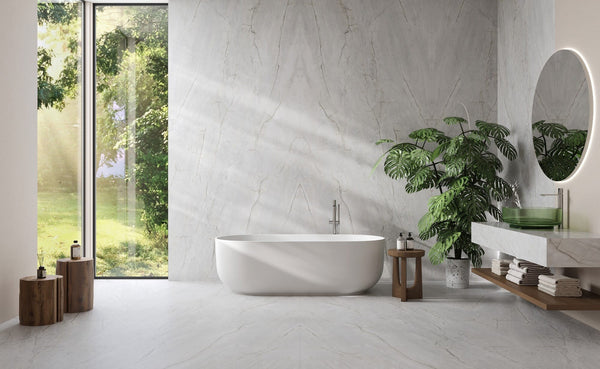 Dolcissima Beleza Polished Marble Look Porcelain Slab 60x126 12mm Bookmatch B installed in a bathroom