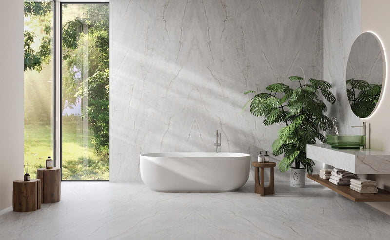Dolcissima Beleza Polished Marble Look Porcelain Slab 60x126 12mm Bookmatch B installed in a bathroom