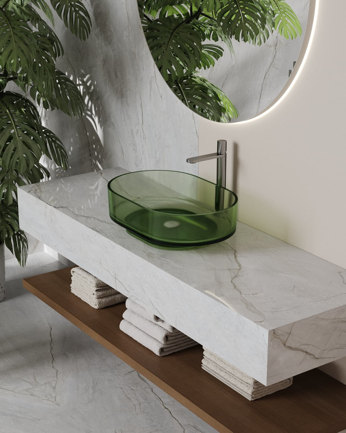 Dolcissima Beleza Silky Marble Look Porcelain Slab 60x126 12mm Bookmatch B installed in a bathroom, view 2