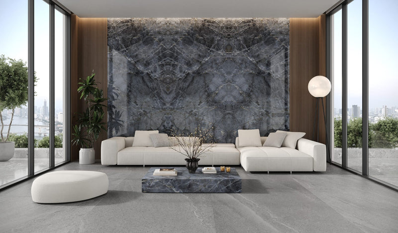 Dolcissima Brilho Azul Silky Marble Look Porcelain Slab 60x126 12mm Bookmatch A installed in a living room