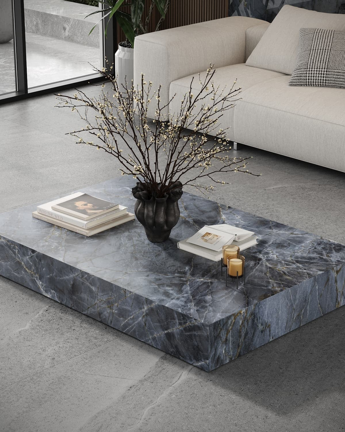 Dolcissima Brilho Azul Silky Marble Look Porcelain Slab 60x126 12mm Bookmatch B installed in a living room, view 2