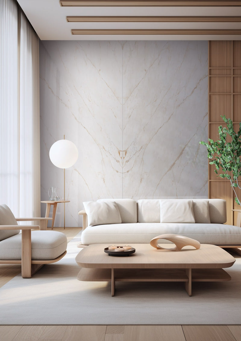 Dolcissima Calacatta Oro Natural Marble Look Porcelain Slab 60x126 12mm Bookmatch A installed in a living room