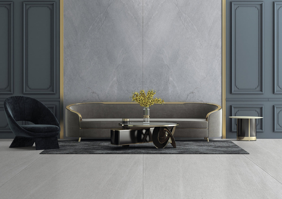 Dolcissima Creamy Basalt Natural Marble Look Porcelain Slab 60x126 12mm installed in a living room
