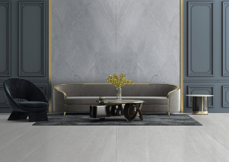 Dolcissima Creamy Basalt Natural Marble Look Porcelain Slab 60x126 12mm installed in a living room