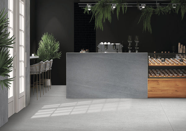 Dolcissima Creamy Basalt Natural Marble Look Porcelain Slab 60x126 12mm installed in a cafe