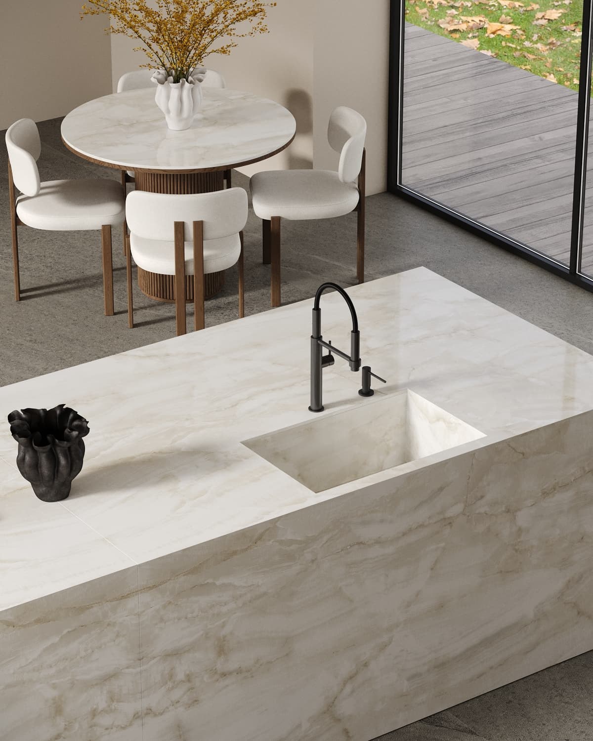 Dolcissima Crystal Onyx Polished Marble Look Porcelain Slab 60x126 12mm Bookmatch A installed in a kitchen, view 2