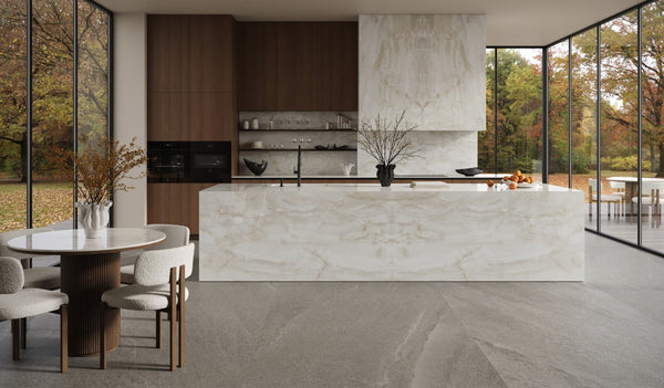 Dolcissima Crystal Onyx Silky Marble Look Porcelain Slab 60x126 12mm Bookmatch A installed in a kitchen