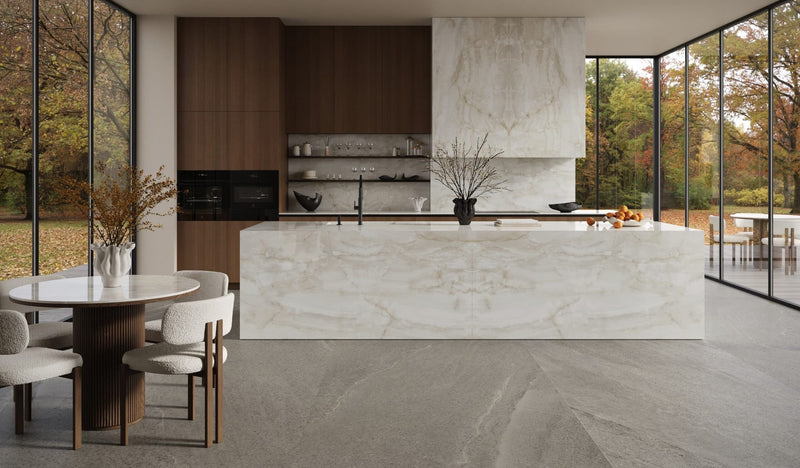 Dolcissima Crystal Onyx Silky Marble Look Porcelain Slab 60x126 12mm Bookmatch A installed in a kitchen