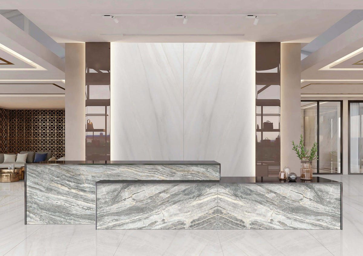 Dolcissima Grigio Trambisera Polished Marble Look Porcelain Slab 60x126 12mm Bookmatch B installed in a lobby