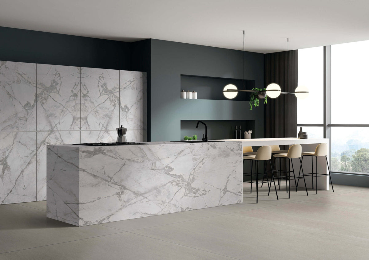 Dolcissima Invisible Grey Polished Marble Look Porcelain Slab 60x126 12mm Bookmatch B installed in a kitchen