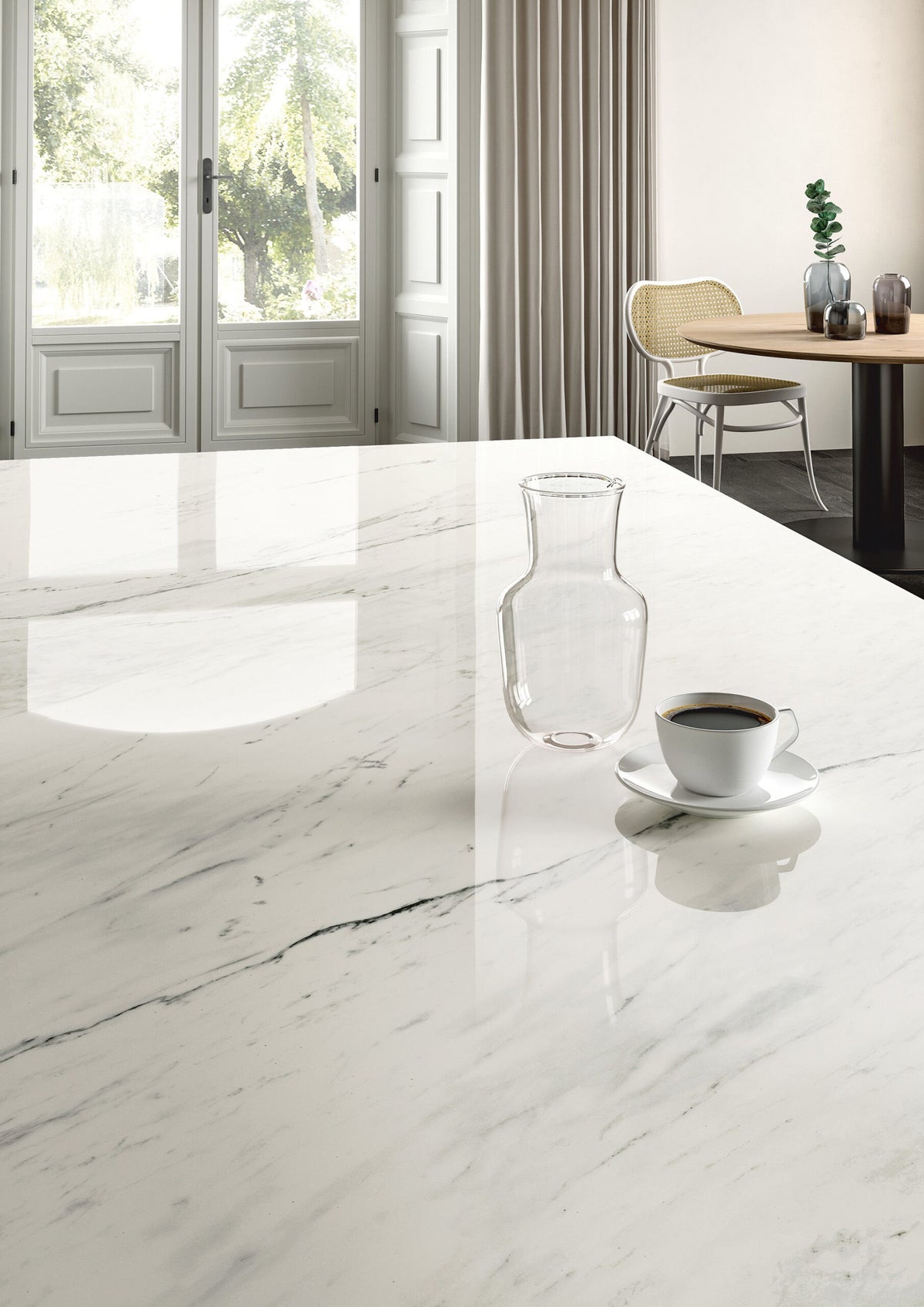 Dolcissima Luxe White Natural Marble Look Porcelain Slab 60x126 12mm Bookmatch B installed in a kitchen