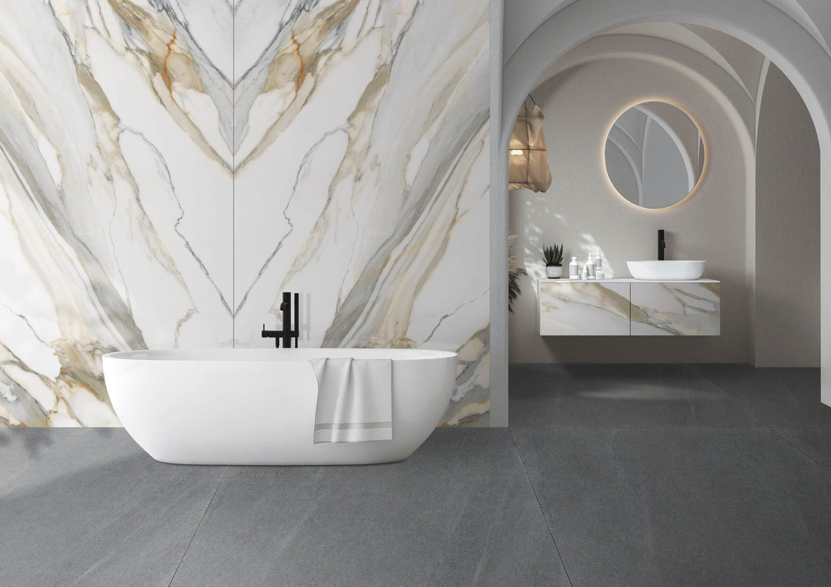 Dolcissima Macchia Vecchia Natural Marble Look Porcelain Slab 60x126 12mm Bookmatch A installed in a bathroom