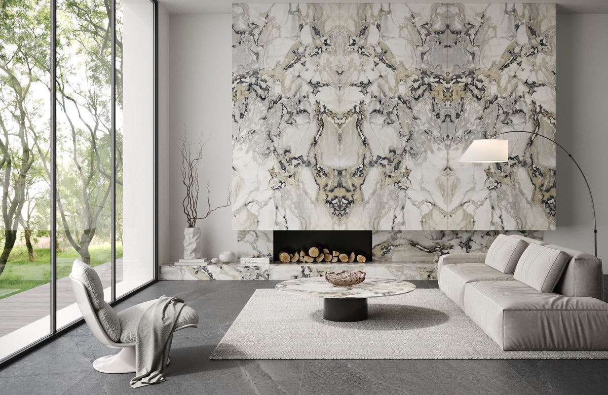 Dolcissima Marine Opulence Polished Marble Look Porcelain Slab 60x126 12mm Bookmatch A installed in a living room