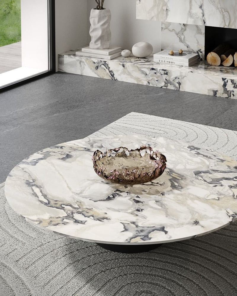 Dolcissima Marine Opulence Polished Marble Look Porcelain Slab 60x126 12mm Bookmatch B installed in a living room, view 2
