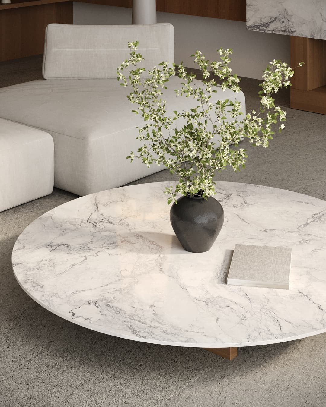Dolcissima Mystic Cascade Polished Marble Look Porcelain Slab 60x126 12mm Bookmatch A installed in a living room, view 2